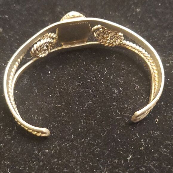 Vintage Alpaca Mexico Silver & Faux Turquoise Chip Inlay oval Cuff Bracelet - Picture 3 of 6